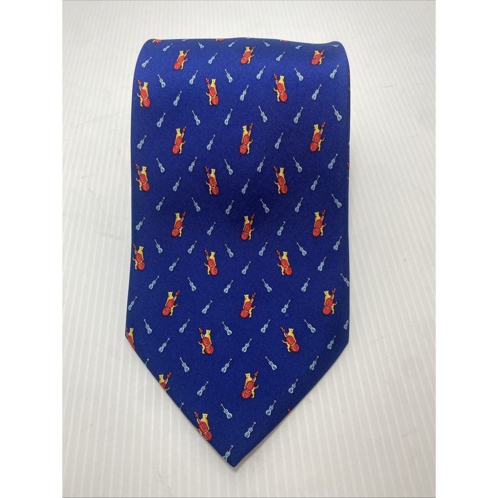 TOMMY FINK‎ Vintage Blue TIE Cat With Violin 100% Silk-T22